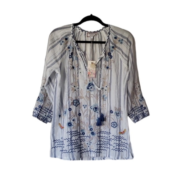 JOHNNY WAS Embroidered Shiloh White Cotton Peasant Blouse Tassle Tie Size Small - Picture 3 of 9